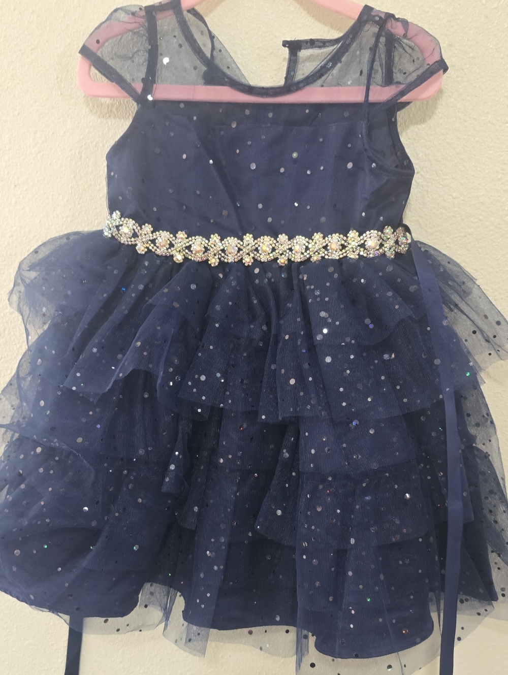 Rare Editions Navy Sparkle Tulle Dress with Jeweled Belt